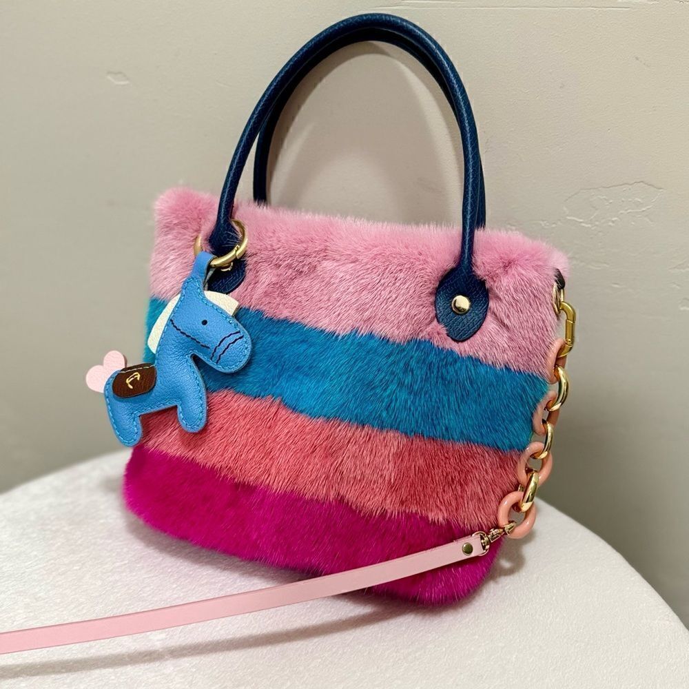 Colorful Striped Handmade Real Mink Fur Mini Tote/Crossbody & Pony Bag Charm